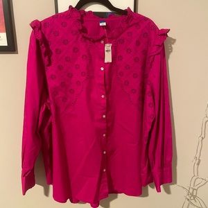 Lovely Pink Embroidered Eyelet, Button Down w/ Ruffled Details, round collar 2X